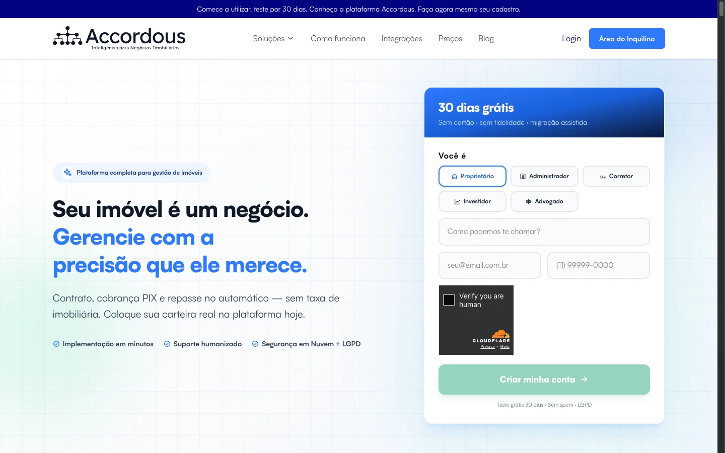 Captura da homepage da Accordous — site institucional de gestão imobiliária