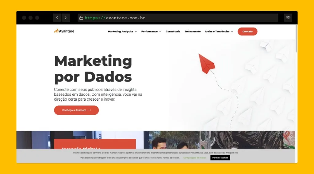 Captura de la homepage de Avantare — sitio institucional de una agencia de marketing orientada a datos con navegación de Marketing Analytics