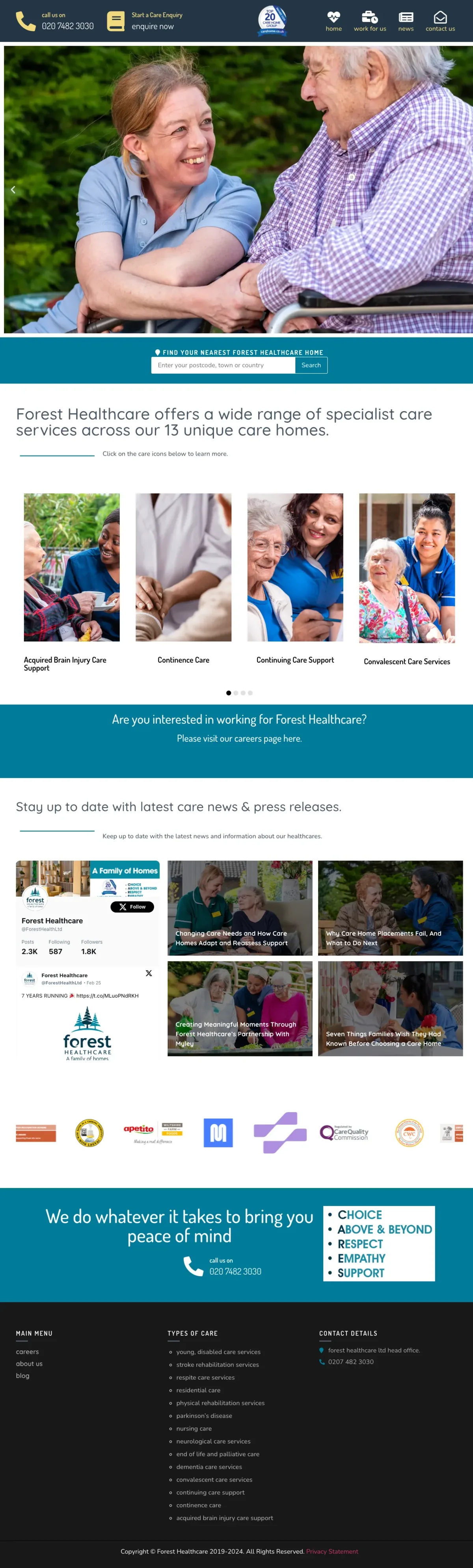 Captura de página completa de la homepage de Forest Healthcare — residencias y cuidados especializados en el Reino Unido