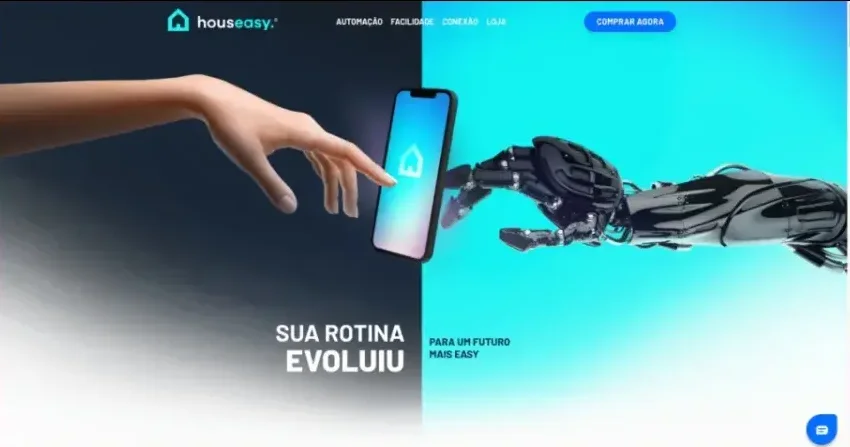 Captura de la homepage de Houseasy — sitio de IoT residencial / casa inteligente con hero partido y navegación de producto