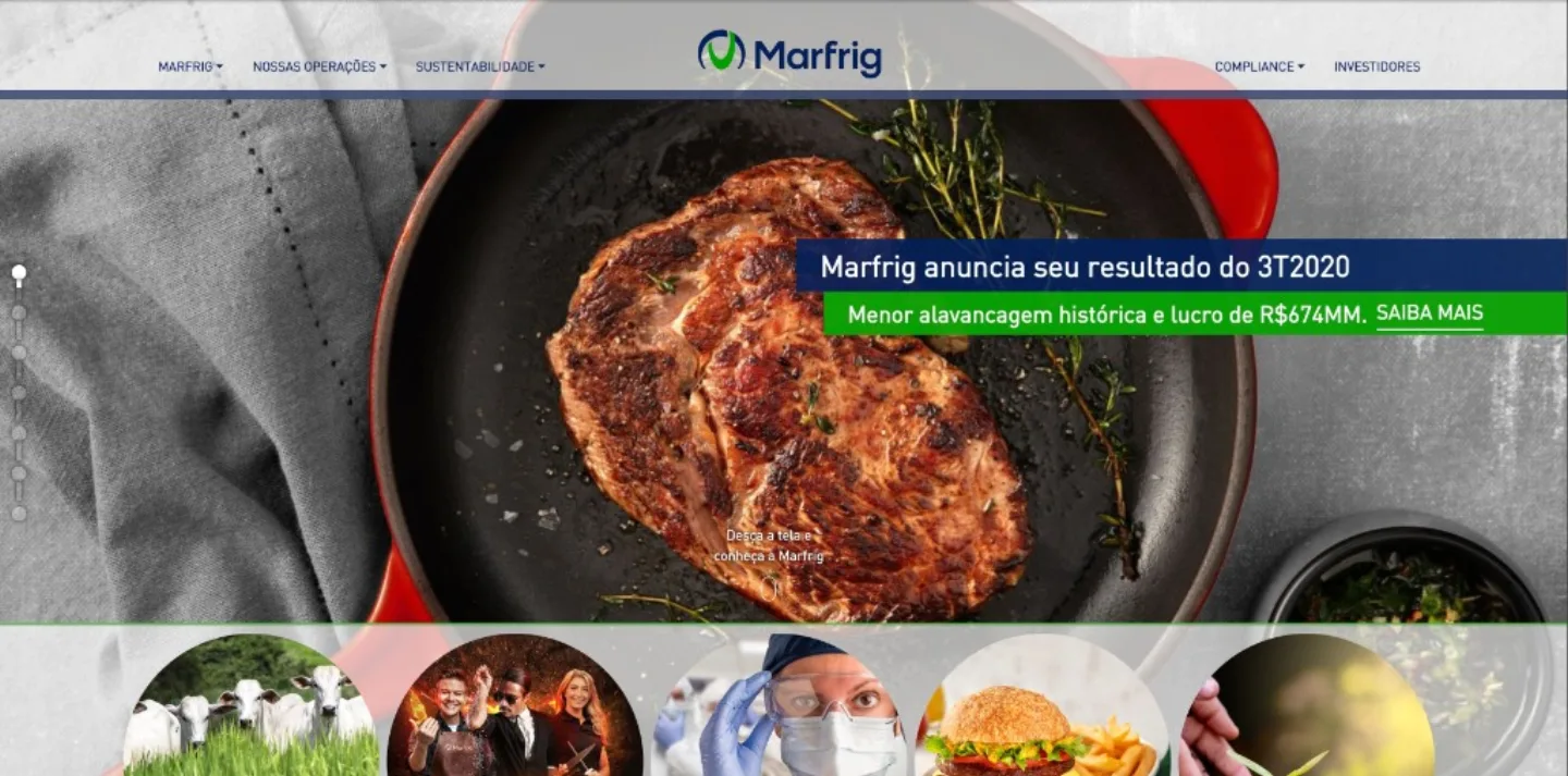 Captura da homepage da Marfrig — site institucional corporativo com hero de carne e navegação corporativa